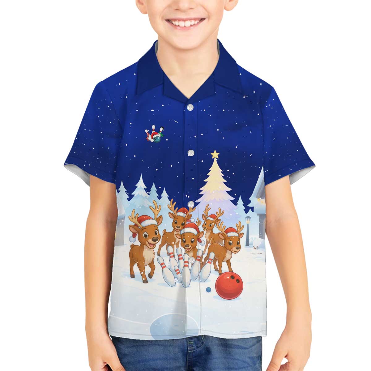 Funny Christmas Reindeer Bowling Custom Family Matching Off The Shoulder Long Sleeve Dress and Hawaiian Shirt with Reindeer Snow Scene - Wonder Print Shop