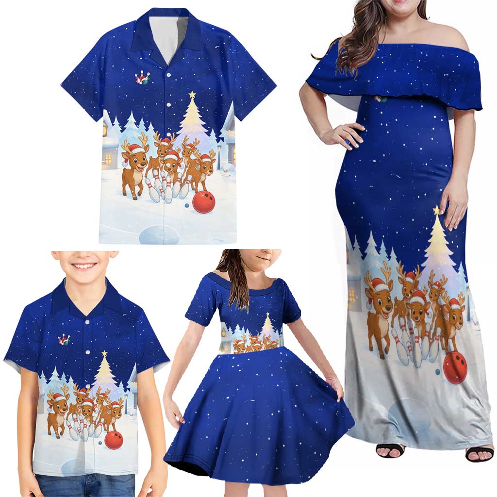 Funny Christmas Reindeer Bowling Custom Family Matching Off Shoulder Maxi Dress and Hawaiian Shirt with Reindeer Snow Scene - Wonder Print Shop