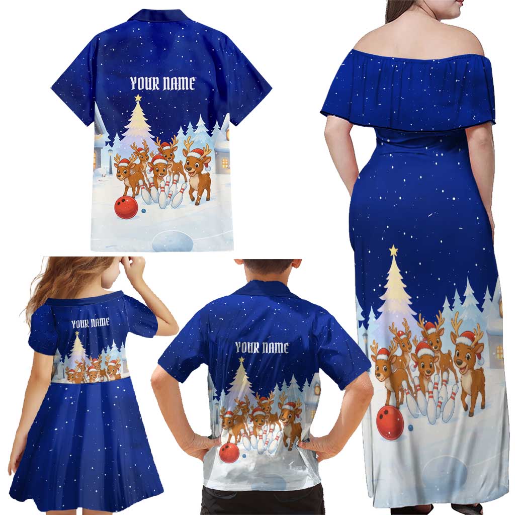 Funny Christmas Reindeer Bowling Custom Family Matching Off Shoulder Maxi Dress and Hawaiian Shirt with Reindeer Snow Scene - Wonder Print Shop