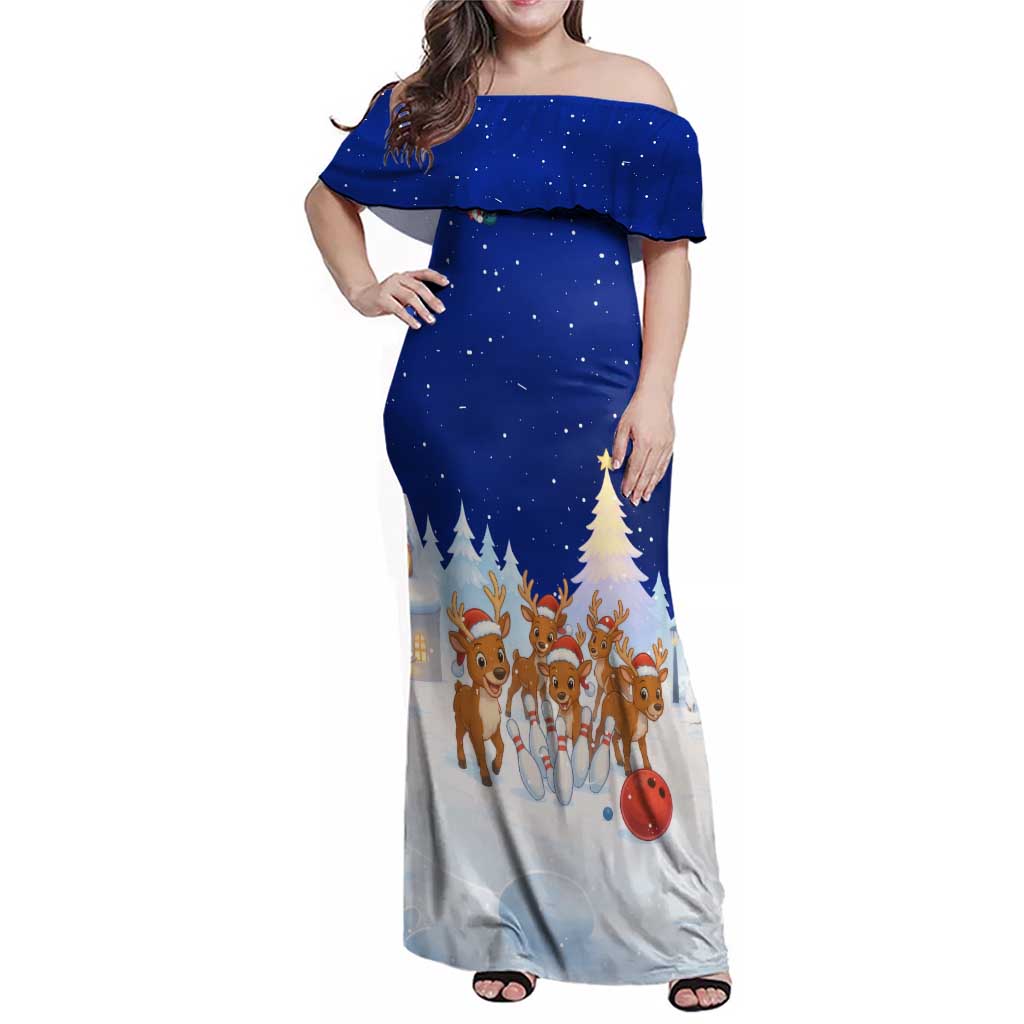 Funny Christmas Reindeer Bowling Custom Family Matching Off Shoulder Maxi Dress and Hawaiian Shirt with Reindeer Snow Scene - Wonder Print Shop