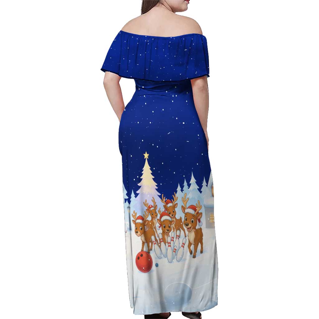 Funny Christmas Reindeer Bowling Custom Family Matching Off Shoulder Maxi Dress and Hawaiian Shirt with Reindeer Snow Scene - Wonder Print Shop