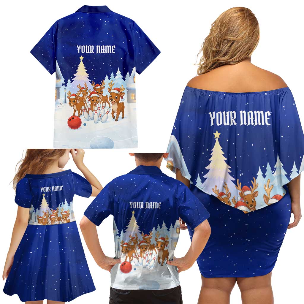 Funny Christmas Reindeer Bowling Custom Family Matching Off Shoulder Short Dress and Hawaiian Shirt with Reindeer Snow Scene - Wonder Print Shop