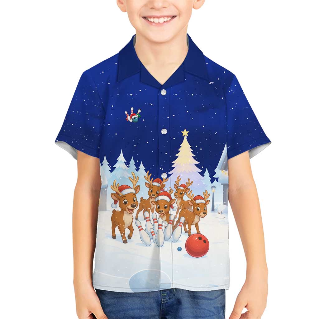 Funny Christmas Reindeer Bowling Custom Family Matching Off Shoulder Short Dress and Hawaiian Shirt with Reindeer Snow Scene - Wonder Print Shop