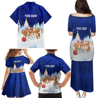 Funny Christmas Reindeer Bowling Custom Family Matching Puletasi and Hawaiian Shirt with Reindeer Snow Scene - Wonder Print Shop