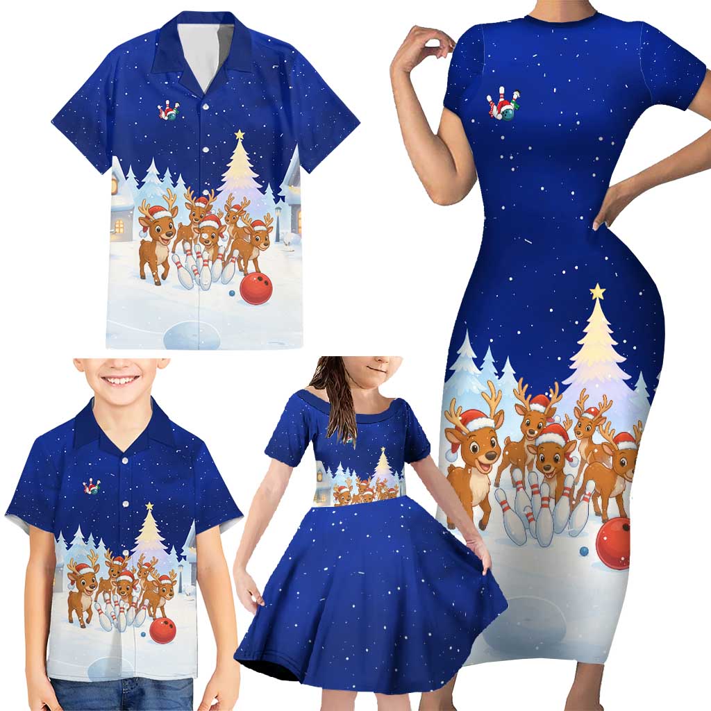 Funny Christmas Reindeer Bowling Custom Family Matching Short Sleeve Bodycon Dress and Hawaiian Shirt with Reindeer Snow Scene - Wonder Print Shop