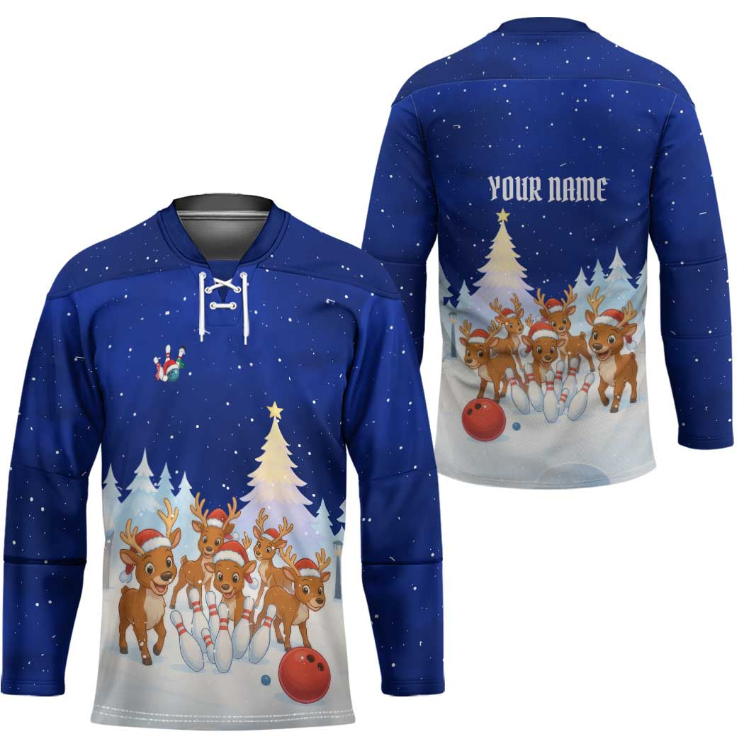 Funny Christmas Reindeer Bowling Custom Hockey Jersey with Reindeer Snow Scene - Wonder Print Shop