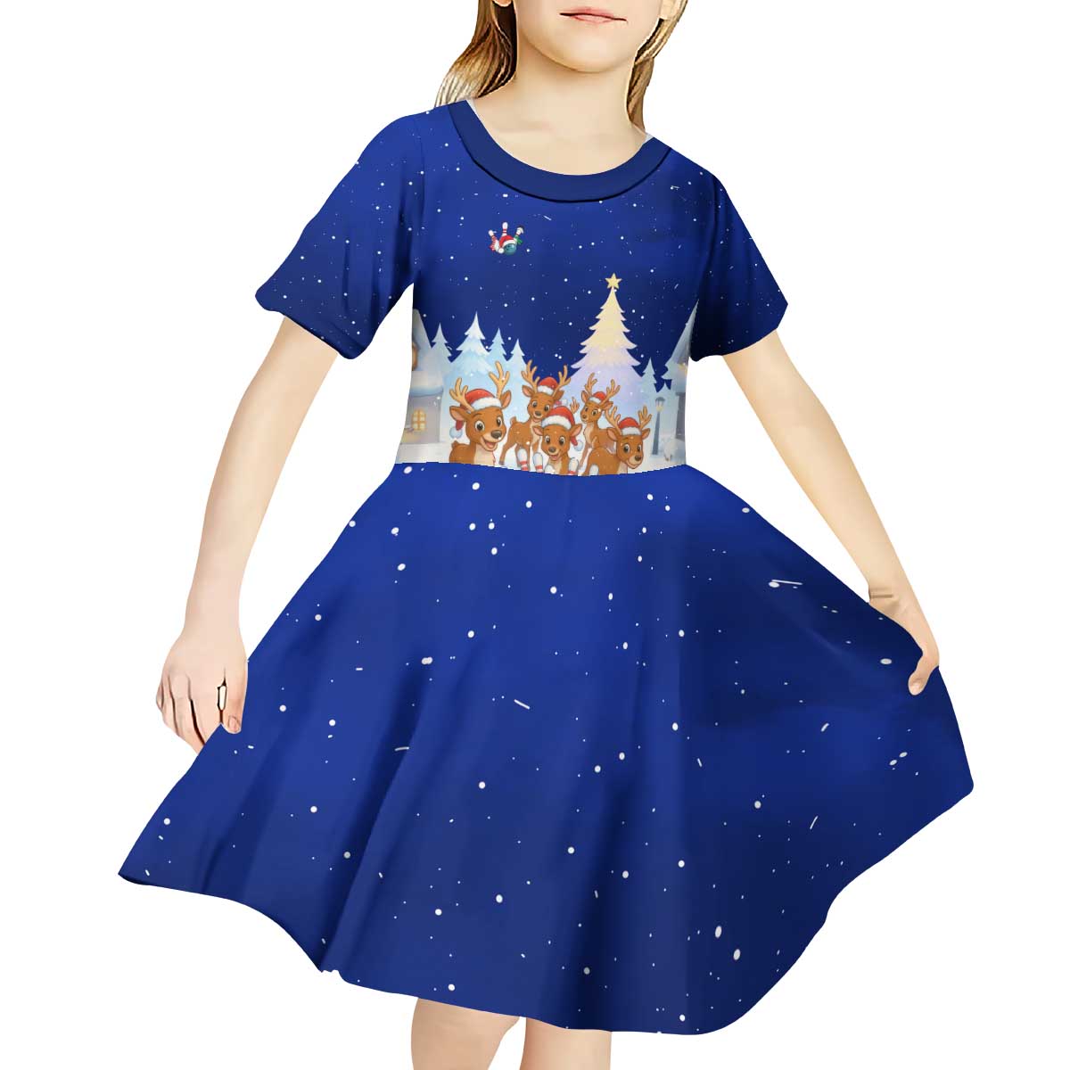 Funny Christmas Reindeer Bowling Custom Kid Short Sleeve Dress with Reindeer Snow Scene - Wonder Print Shop