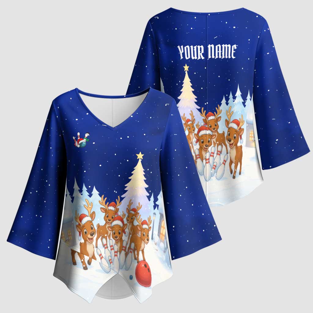 Funny Christmas Reindeer Bowling Custom Kimono Sleeve Blouse with Reindeer Snow Scene - Wonder Print Shop