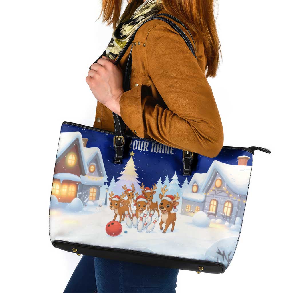 Funny Christmas Reindeer Bowling Custom Leather Tote Bag with Reindeer Snow Scene - Wonder Print Shop