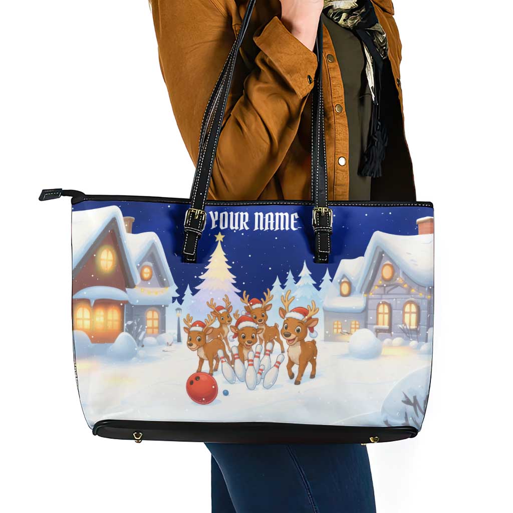 Funny Christmas Reindeer Bowling Custom Leather Tote Bag with Reindeer Snow Scene - Wonder Print Shop