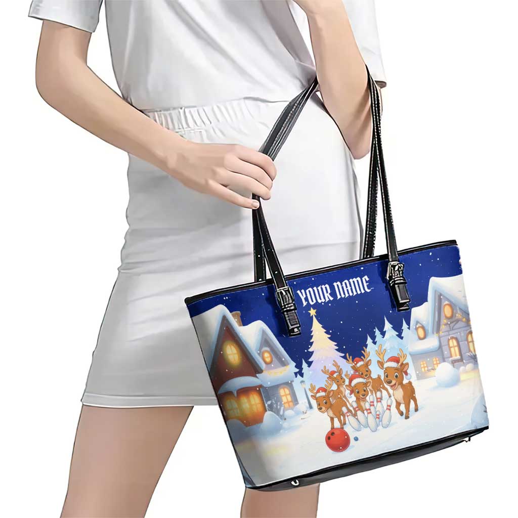 Funny Christmas Reindeer Bowling Custom Leather Tote Bag with Reindeer Snow Scene - Wonder Print Shop
