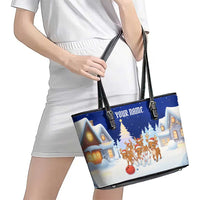 Funny Christmas Reindeer Bowling Custom Leather Tote Bag with Reindeer Snow Scene - Wonder Print Shop