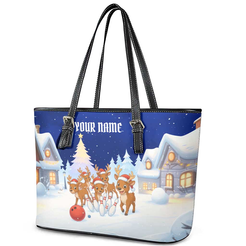 Funny Christmas Reindeer Bowling Custom Leather Tote Bag with Reindeer Snow Scene - Wonder Print Shop