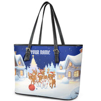 Funny Christmas Reindeer Bowling Custom Leather Tote Bag with Reindeer Snow Scene - Wonder Print Shop