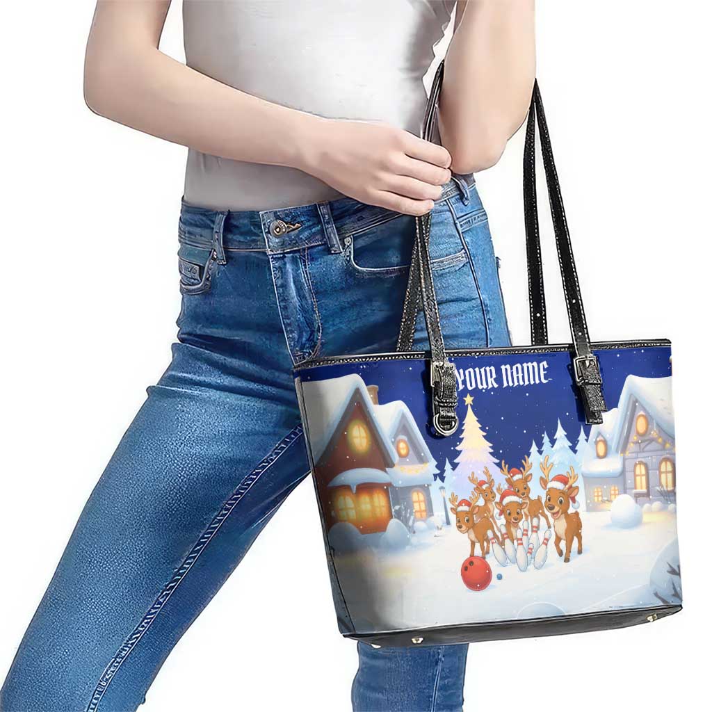 Funny Christmas Reindeer Bowling Custom Leather Tote Bag with Reindeer Snow Scene - Wonder Print Shop
