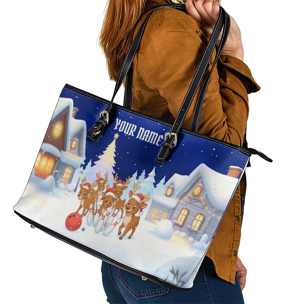 Funny Christmas Reindeer Bowling Custom Leather Tote Bag with Reindeer Snow Scene - Wonder Print Shop