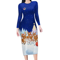 Funny Christmas Reindeer Bowling Custom Long Sleeve Bodycon Dress with Reindeer Snow Scene - Wonder Print Shop