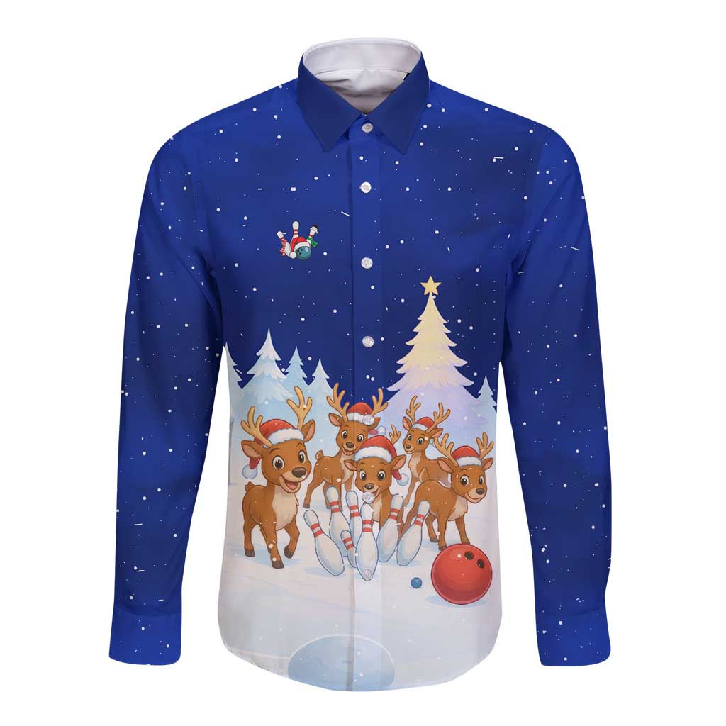 Funny Christmas Reindeer Bowling Custom Long Sleeve Button Shirt with Reindeer Snow Scene - Wonder Print Shop