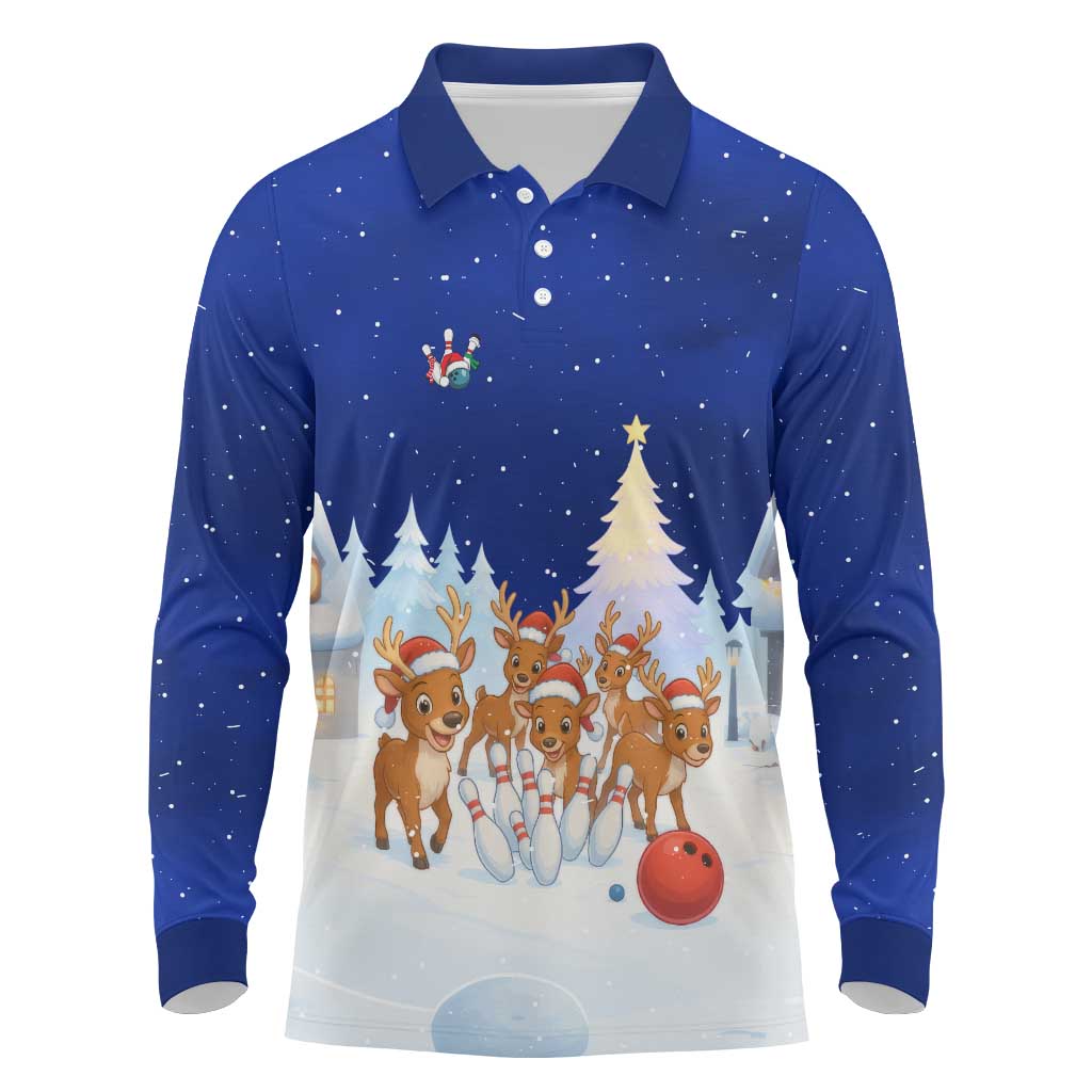 Funny Christmas Reindeer Bowling Custom Long Sleeve Polo Shirt with Reindeer Snow Scene - Wonder Print Shop