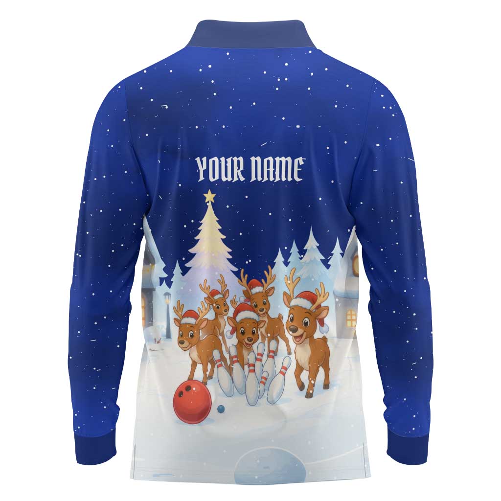 Funny Christmas Reindeer Bowling Custom Long Sleeve Polo Shirt with Reindeer Snow Scene - Wonder Print Shop