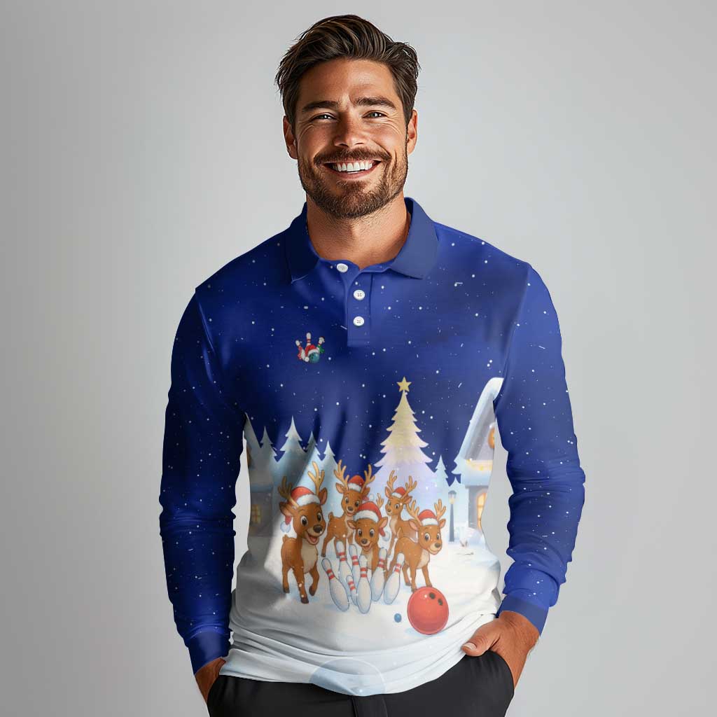 Funny Christmas Reindeer Bowling Custom Long Sleeve Polo Shirt with Reindeer Snow Scene - Wonder Print Shop