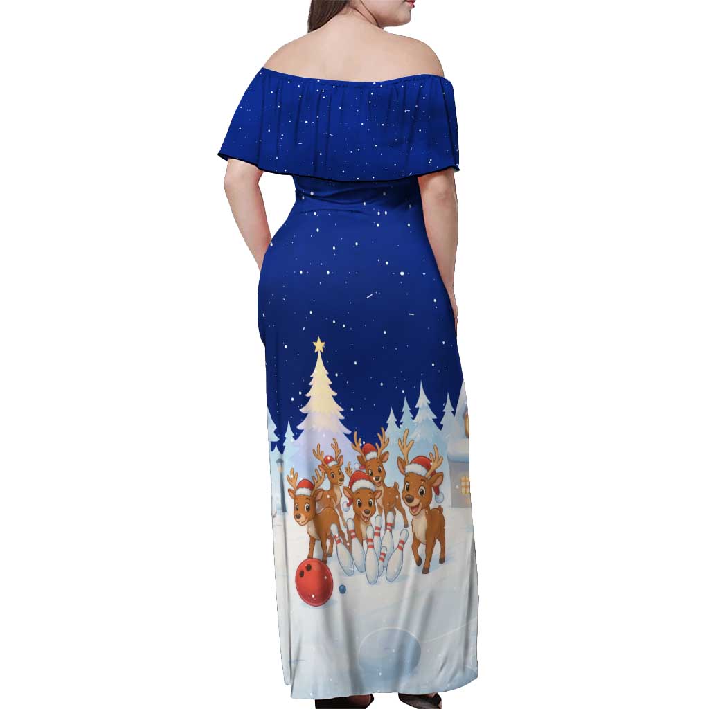 Funny Christmas Reindeer Bowling Custom Off Shoulder Maxi Dress with Reindeer Snow Scene - Wonder Print Shop