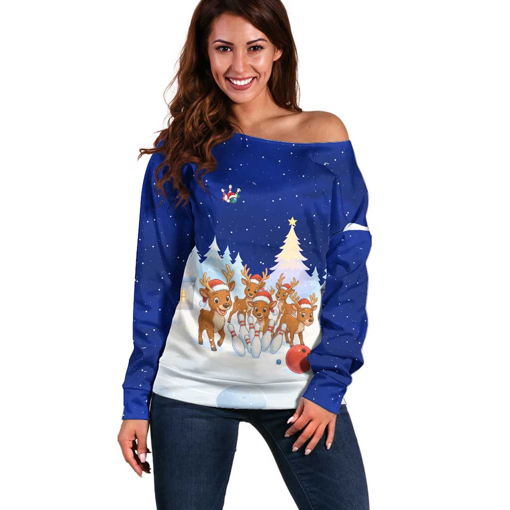 Funny Christmas Reindeer Bowling Custom Off Shoulder Sweater with Reindeer Snow Scene - Wonder Print Shop