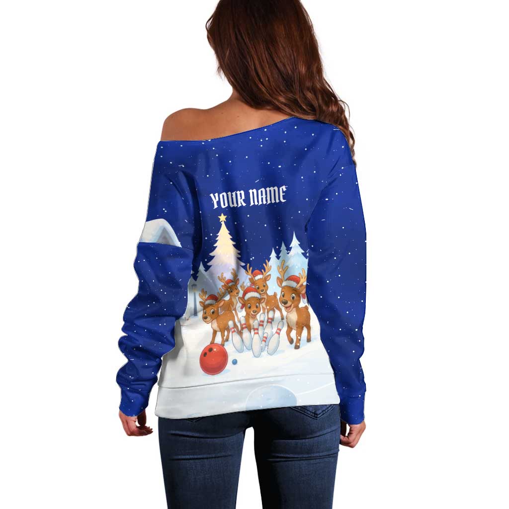 Funny Christmas Reindeer Bowling Custom Off Shoulder Sweater with Reindeer Snow Scene - Wonder Print Shop
