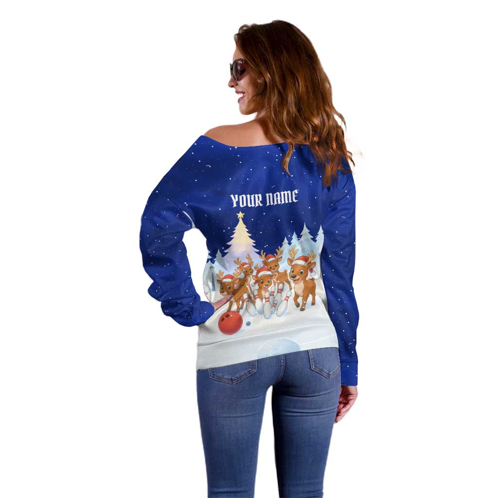 Funny Christmas Reindeer Bowling Custom Off Shoulder Sweater with Reindeer Snow Scene - Wonder Print Shop