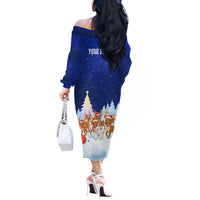 Funny Christmas Reindeer Bowling Custom Off The Shoulder Long Sleeve Dress with Reindeer Snow Scene - Wonder Print Shop