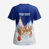 Funny Christmas Reindeer Bowling Custom Scrub Top with Reindeer Snow Scene - Wonder Print Shop