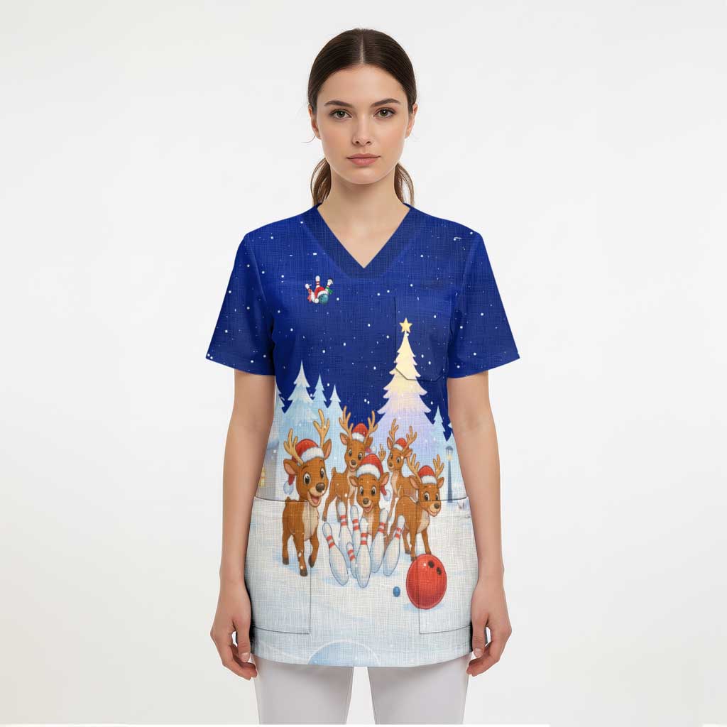 Funny Christmas Reindeer Bowling Custom Scrub Top with Reindeer Snow Scene - Wonder Print Shop