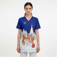Funny Christmas Reindeer Bowling Custom Scrub Top with Reindeer Snow Scene - Wonder Print Shop