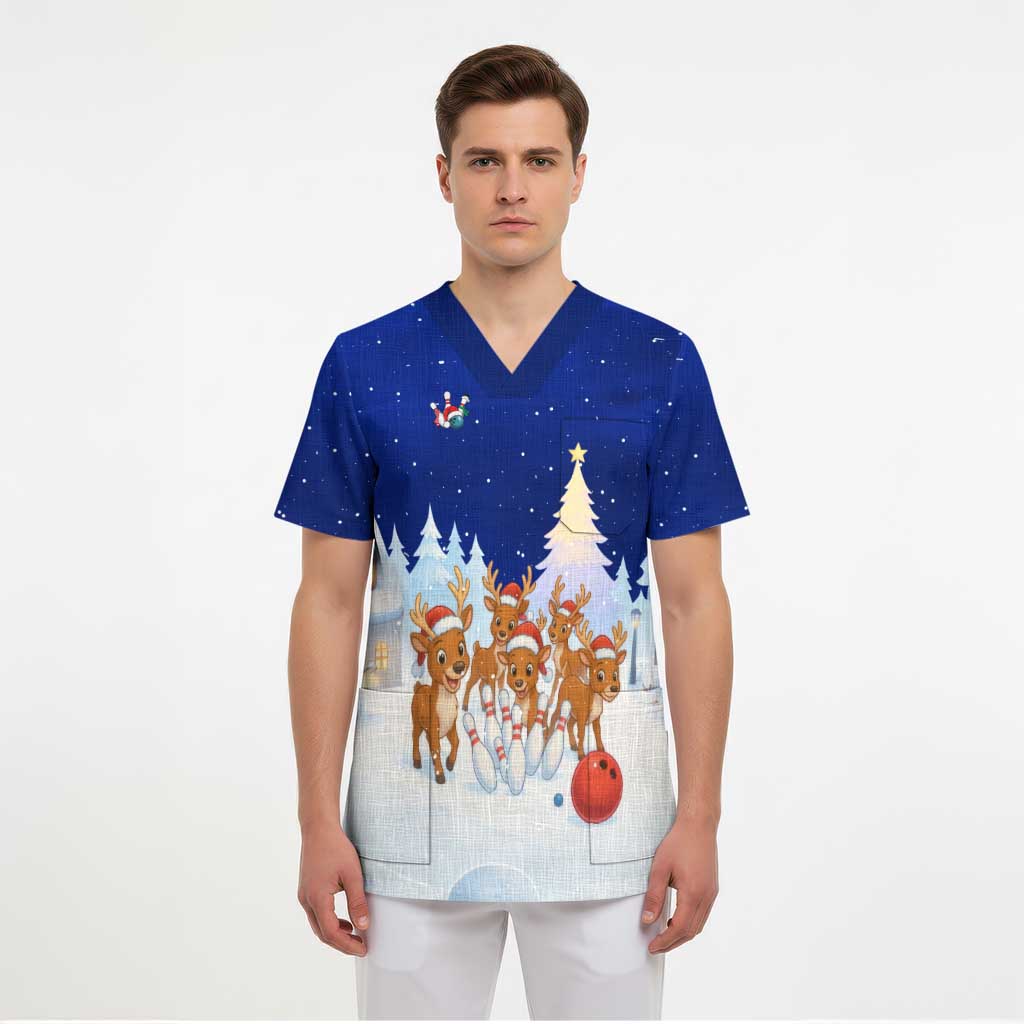 Funny Christmas Reindeer Bowling Custom Scrub Top with Reindeer Snow Scene - Wonder Print Shop