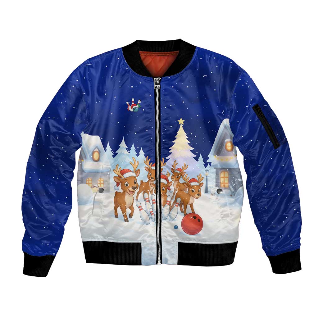 Funny Christmas Reindeer Bowling Custom Sleeve Zip Bomber Jacket with Reindeer Snow Scene - Wonder Print Shop