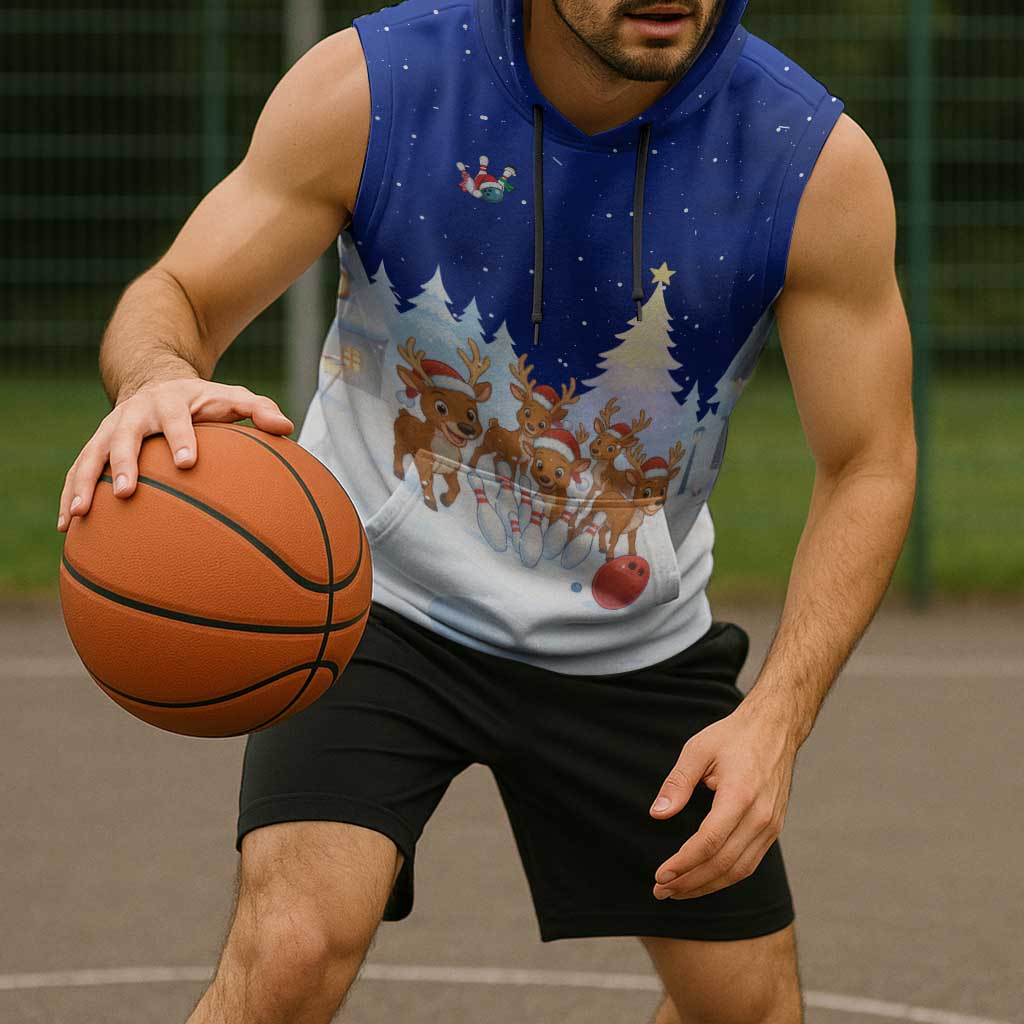 Funny Christmas Reindeer Bowling Custom Sleeveless Hoodie with Reindeer Snow Scene - Wonder Print Shop