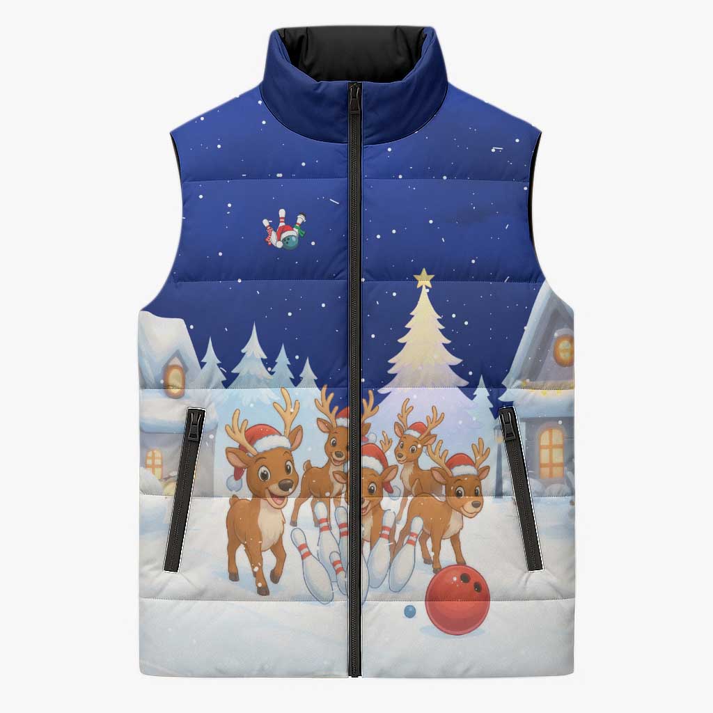 Funny Christmas Reindeer Bowling Custom Sleeveless Puffer Jacket with Reindeer Snow Scene - Wonder Print Shop