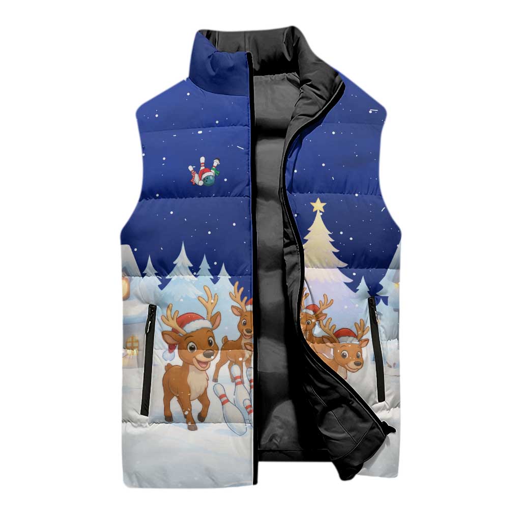 Funny Christmas Reindeer Bowling Custom Sleeveless Puffer Jacket with Reindeer Snow Scene - Wonder Print Shop