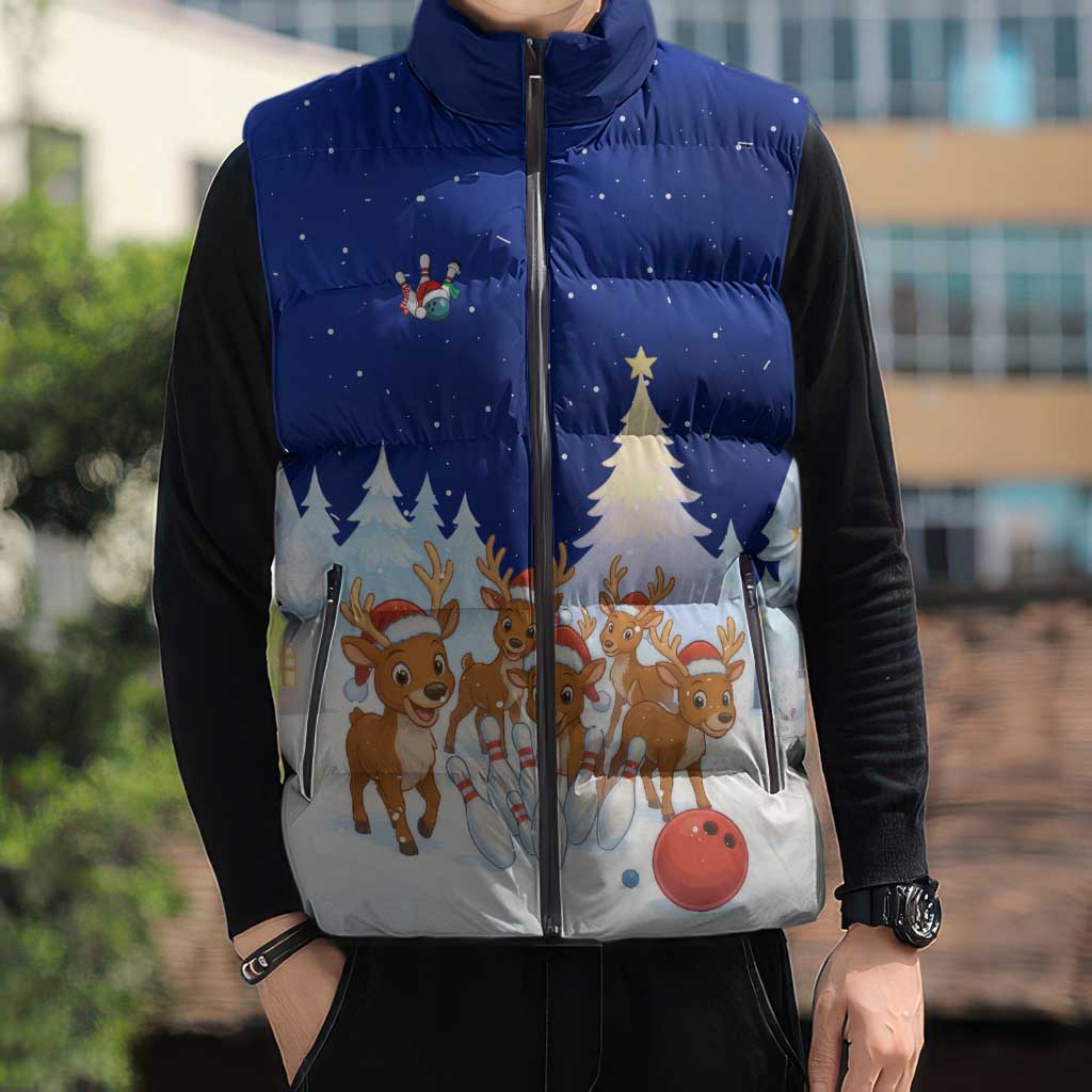 Funny Christmas Reindeer Bowling Custom Sleeveless Puffer Jacket with Reindeer Snow Scene - Wonder Print Shop