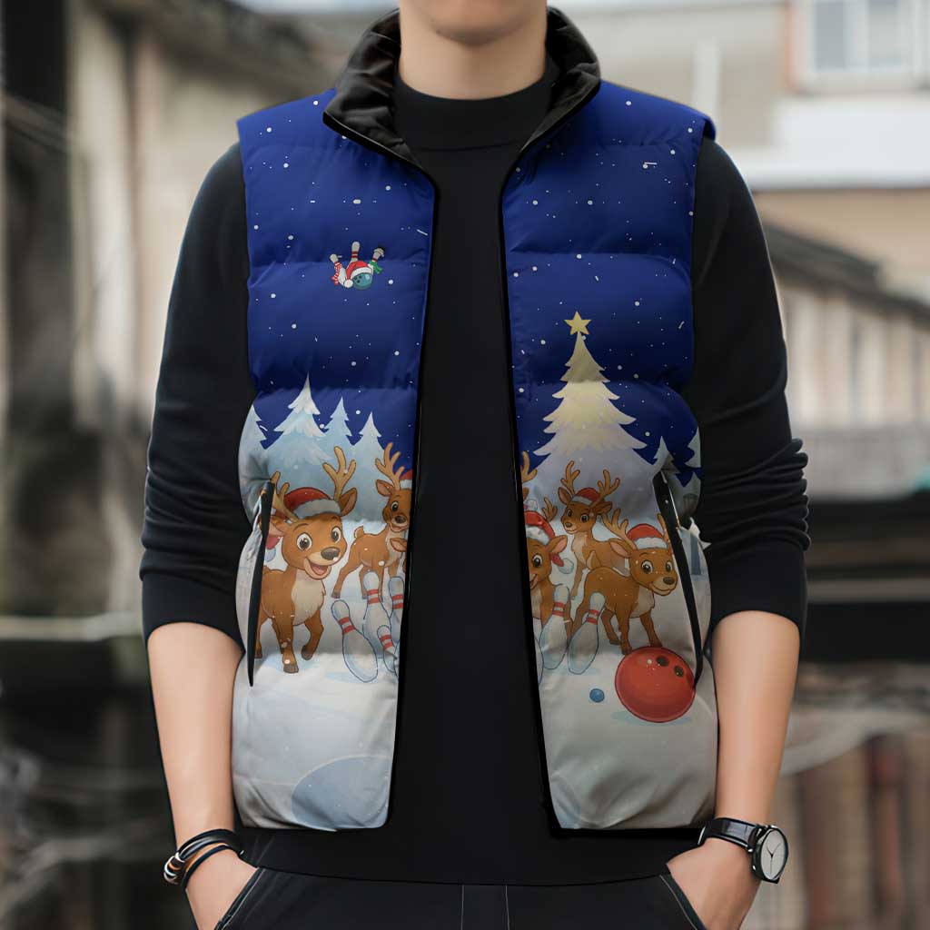 Funny Christmas Reindeer Bowling Custom Sleeveless Puffer Jacket with Reindeer Snow Scene - Wonder Print Shop