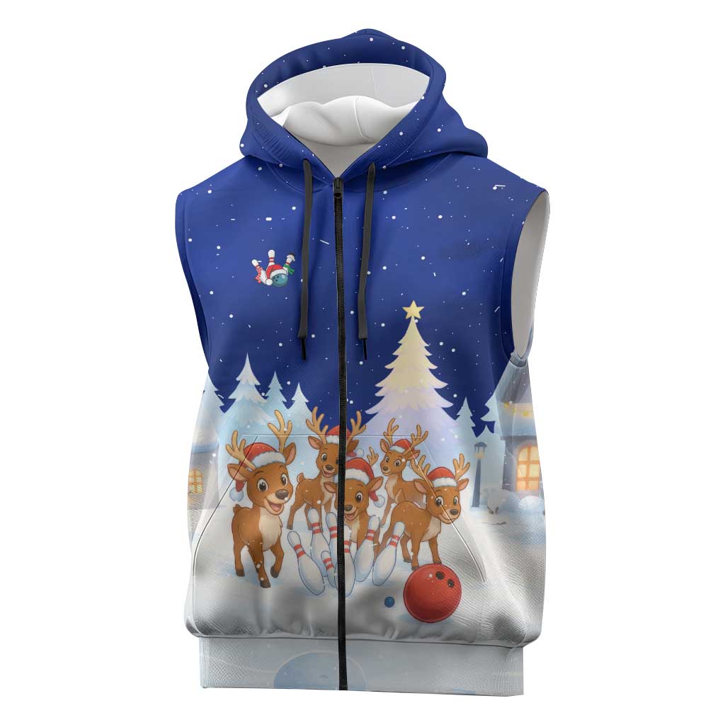 Funny Christmas Reindeer Bowling Custom Sleeveless Zip Hoodie with Reindeer Snow Scene - Wonder Print Shop