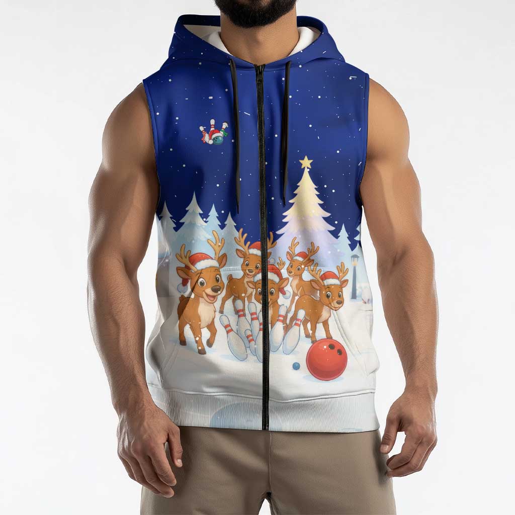 Funny Christmas Reindeer Bowling Custom Sleeveless Zip Hoodie with Reindeer Snow Scene - Wonder Print Shop