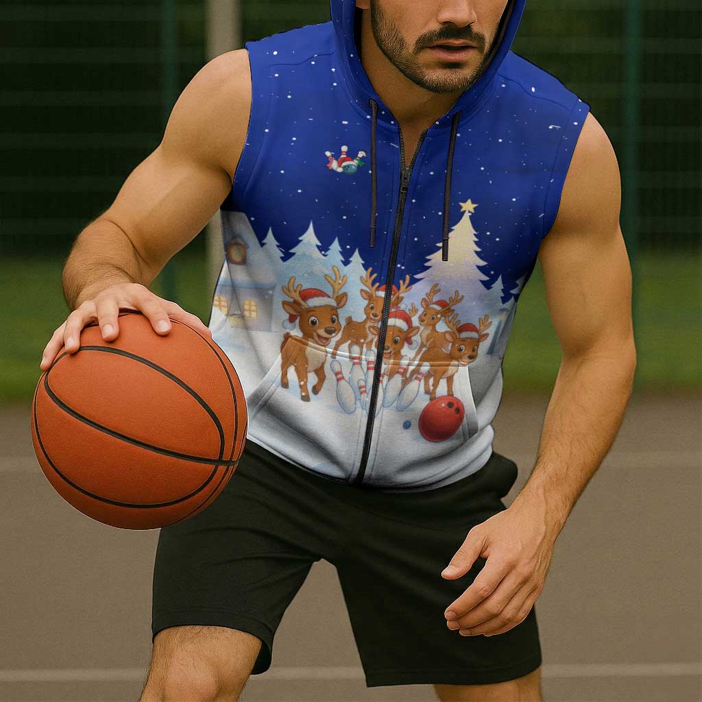 Funny Christmas Reindeer Bowling Custom Sleeveless Zip Hoodie with Reindeer Snow Scene - Wonder Print Shop