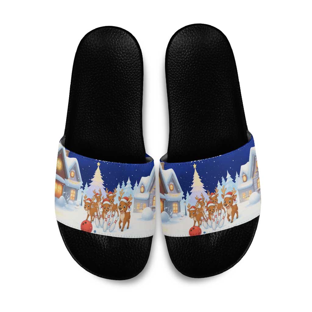 Funny Christmas Reindeer Bowling Custom Slide Sandals with Reindeer Snow Scene - Wonder Print Shop