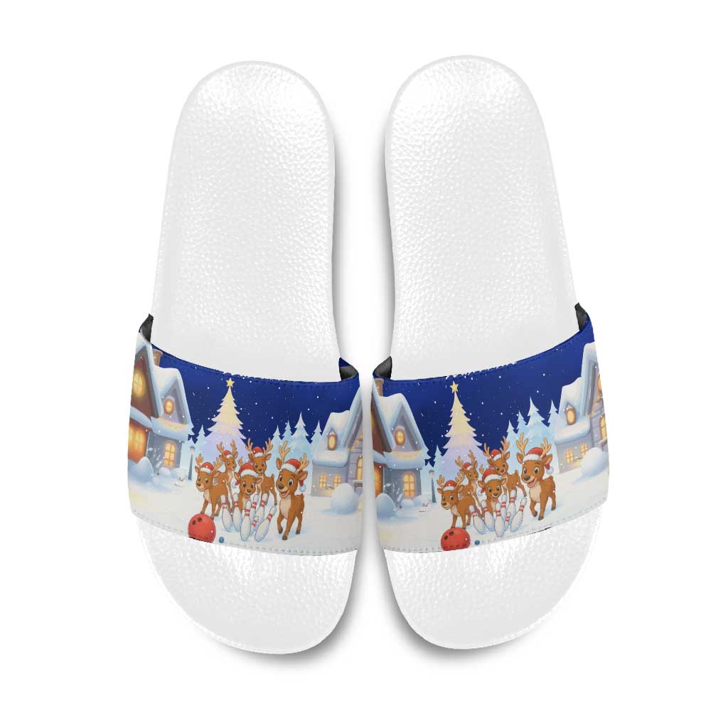 Funny Christmas Reindeer Bowling Custom Slide Sandals with Reindeer Snow Scene - Wonder Print Shop