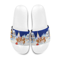Funny Christmas Reindeer Bowling Custom Slide Sandals with Reindeer Snow Scene - Wonder Print Shop
