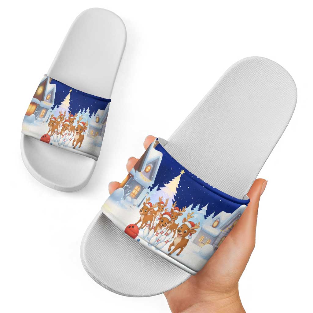 Funny Christmas Reindeer Bowling Custom Slide Sandals with Reindeer Snow Scene - Wonder Print Shop