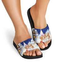Funny Christmas Reindeer Bowling Custom Slide Sandals with Reindeer Snow Scene - Wonder Print Shop