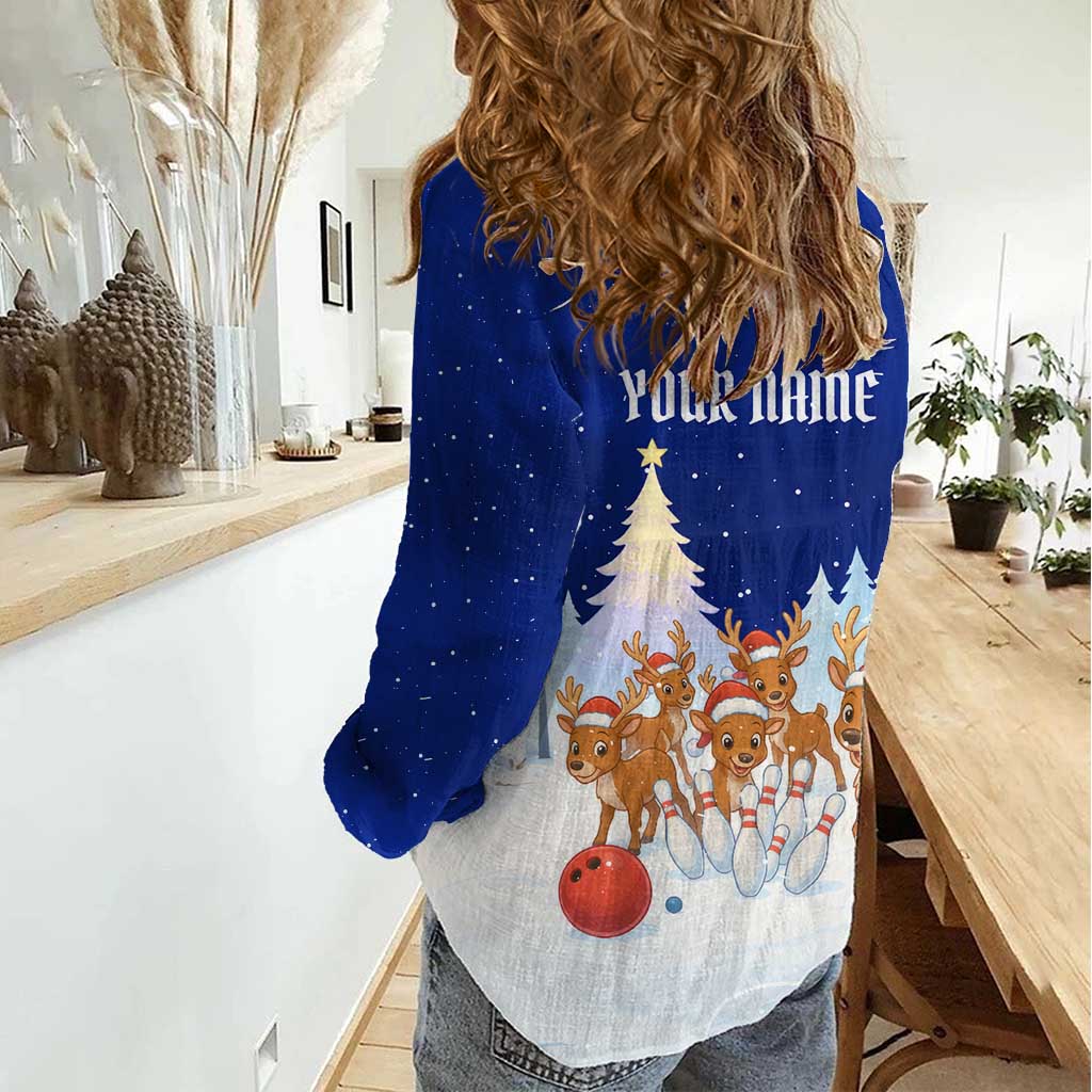 Funny Christmas Reindeer Bowling Custom Women Casual Shirt with Reindeer Snow Scene - Wonder Print Shop