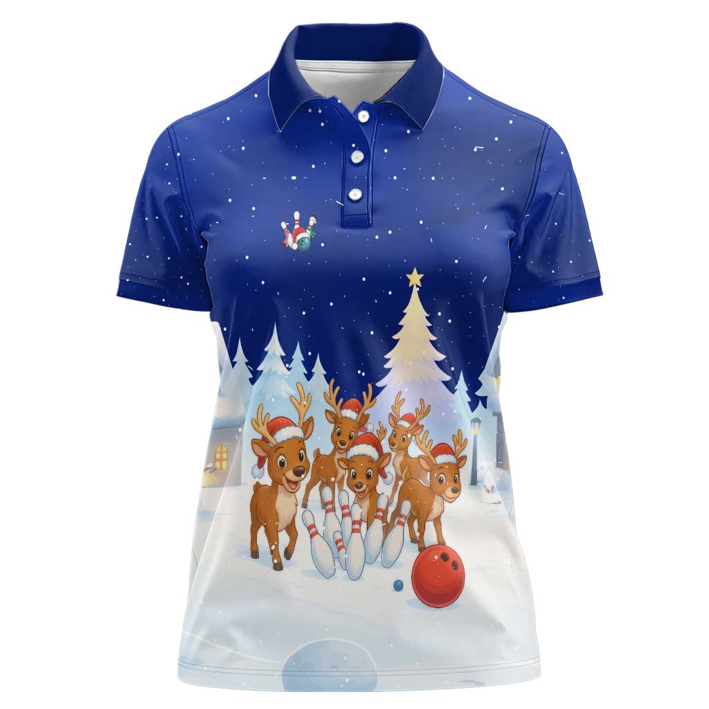 Funny Christmas Reindeer Bowling Custom Women Polo Shirt with Reindeer Snow Scene - Wonder Print Shop